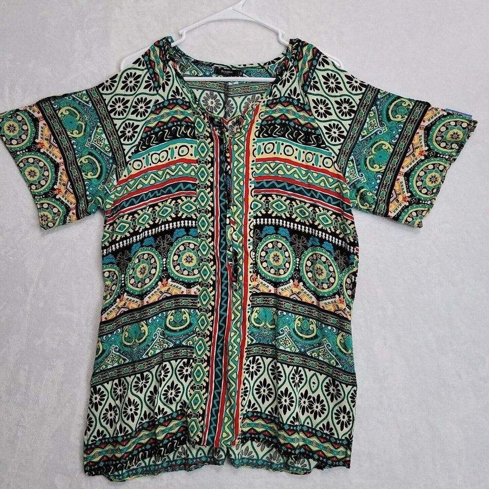 Reborn New York Womens Cold Shoulder 100% Rayon Tunic Size 1XL 1X Abstract Art